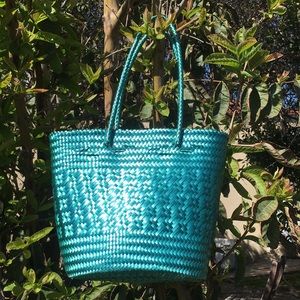 Hand woven Oaxacan straw bag/ metallic turquoise